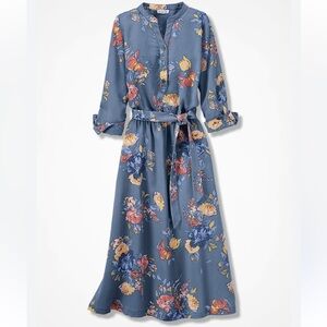 Coldwater Creek Belted Midi Dress Petite Medium Blue Pink Yellow Floral